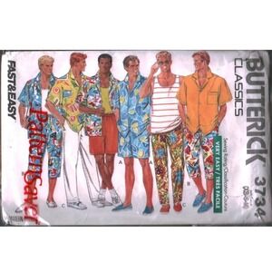 Butterick 3734 Mens Shirt Tank Shorts Pants Sewing Pattern Size XS S M Vintage